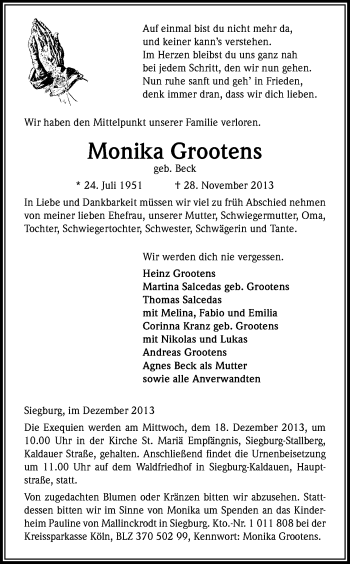Anzeige von Monika Grootens von Kölner Stadt-Anzeiger / Kölnische Rundschau / Express
