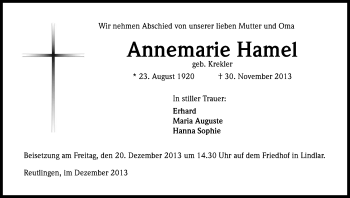 Anzeige von Annemarie Hamel von Kölner Stadt-Anzeiger / Kölnische Rundschau / Express