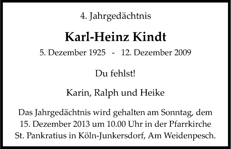  Traueranzeige für Karl-Heinz Kindt vom 14.12.2013 aus Kölner Stadt-Anzeiger / Kölnische Rundschau / Express