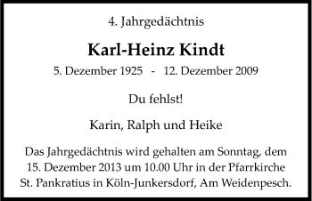 Anzeige von Karl-Heinz Kindt von Kölner Stadt-Anzeiger / Kölnische Rundschau / Express