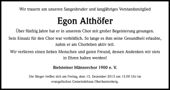 Anzeige von Egon Althöfer von Kölner Stadt-Anzeiger / Kölnische Rundschau / Express