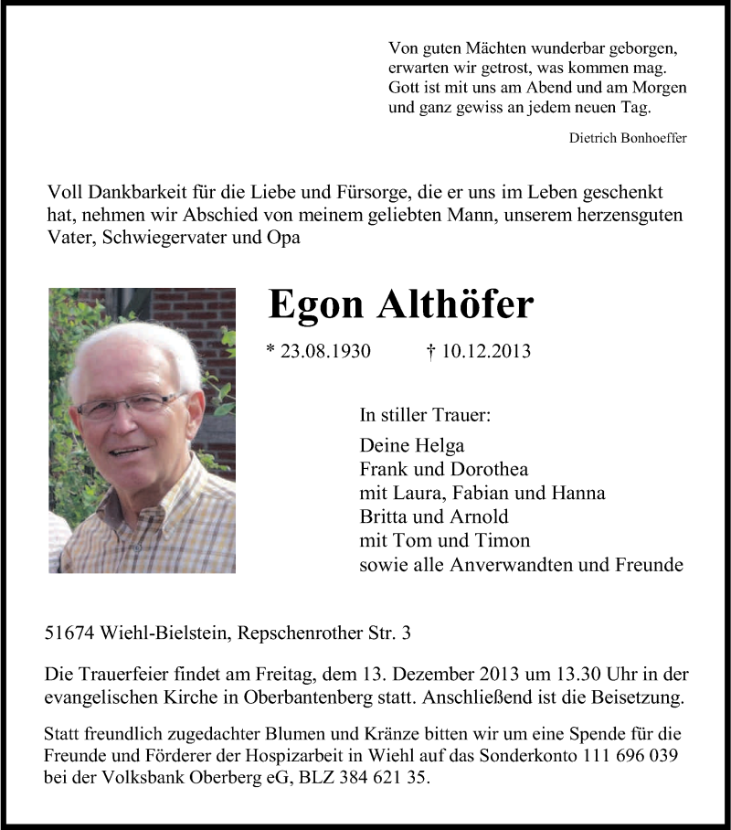  Traueranzeige für Egon Althöfer vom 12.12.2013 aus Kölner Stadt-Anzeiger / Kölnische Rundschau / Express