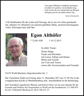 Anzeige von Egon Althöfer von Kölner Stadt-Anzeiger / Kölnische Rundschau / Express