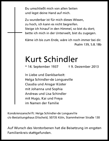 Anzeige von Kurt Schindler von Kölner Stadt-Anzeiger / Kölnische Rundschau / Express