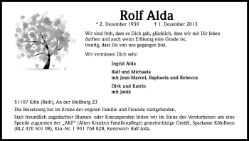 Anzeige von Rolf Alda von Kölner Stadt-Anzeiger / Kölnische Rundschau / Express