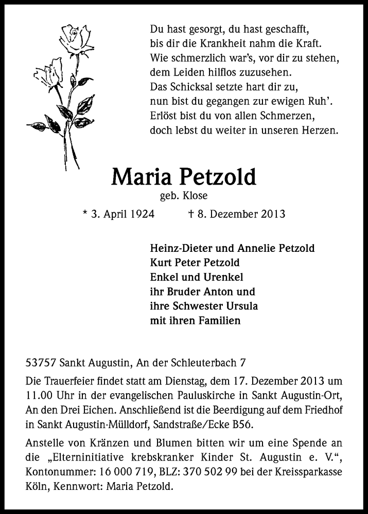  Traueranzeige für Maria Petzold vom 14.12.2013 aus Kölner Stadt-Anzeiger / Kölnische Rundschau / Express