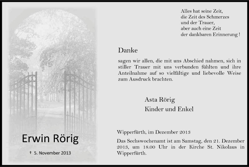  Traueranzeige für Erwin Rörig vom 14.12.2013 aus Kölner Stadt-Anzeiger / Kölnische Rundschau / Express