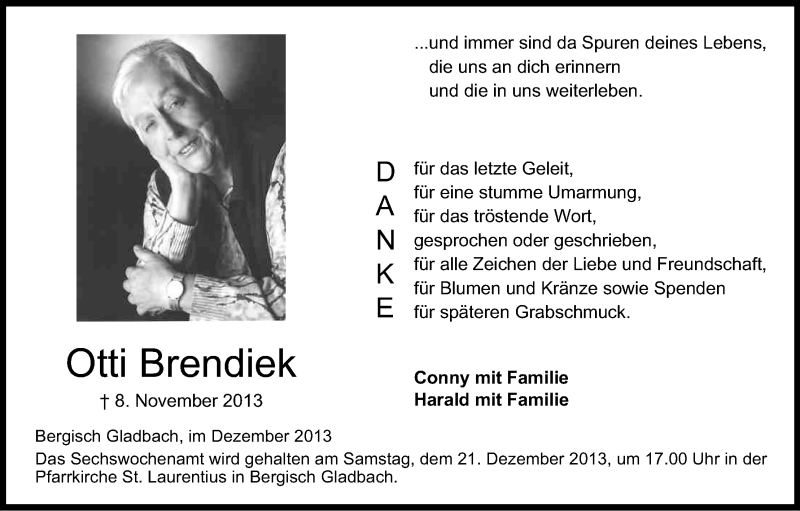  Traueranzeige für Otti Brendiek vom 14.12.2013 aus Kölner Stadt-Anzeiger / Kölnische Rundschau / Express