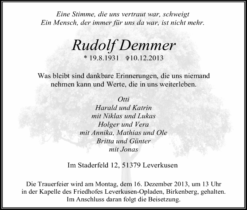  Traueranzeige für Rudolf Demmer vom 13.12.2013 aus Kölner Stadt-Anzeiger / Kölnische Rundschau / Express