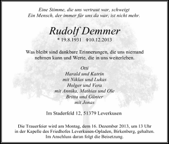 Anzeige von Rudolf Demmer von Kölner Stadt-Anzeiger / Kölnische Rundschau / Express