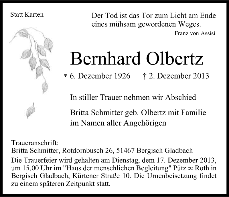  Traueranzeige für Bernhard Olbertz vom 14.12.2013 aus Kölner Stadt-Anzeiger / Kölnische Rundschau / Express