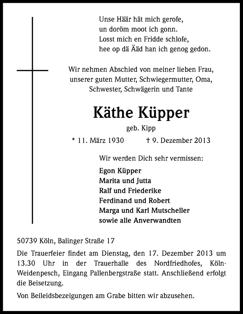  Traueranzeige für Käthe Küpper vom 14.12.2013 aus Kölner Stadt-Anzeiger / Kölnische Rundschau / Express