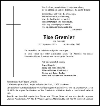Anzeige von Else Gremler von Kölner Stadt-Anzeiger / Kölnische Rundschau / Express