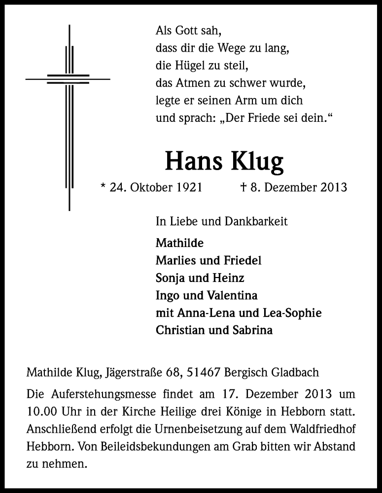  Traueranzeige für Hans Klug vom 13.12.2013 aus Kölner Stadt-Anzeiger / Kölnische Rundschau / Express