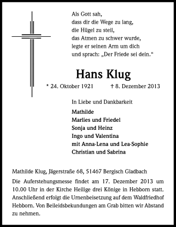 Anzeige von Hans Klug von Kölner Stadt-Anzeiger / Kölnische Rundschau / Express