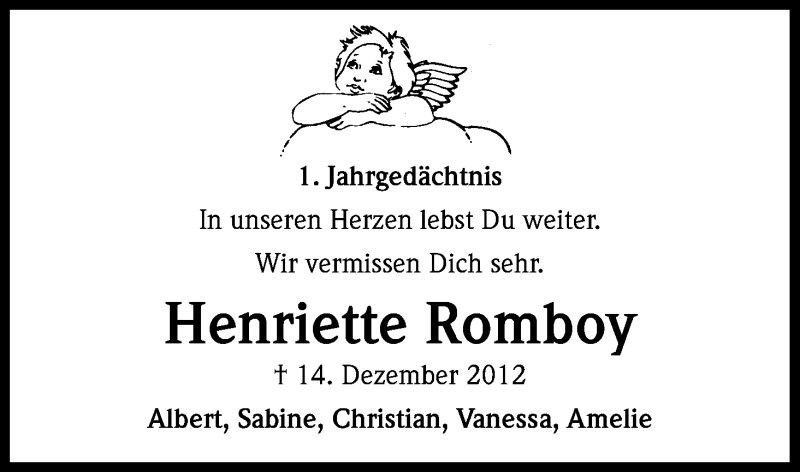  Traueranzeige für Henriette Romboy vom 14.12.2013 aus Kölner Stadt-Anzeiger / Kölnische Rundschau / Express