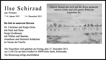 Anzeige von Ilse Schirzad von Kölner Stadt-Anzeiger / Kölnische Rundschau / Express