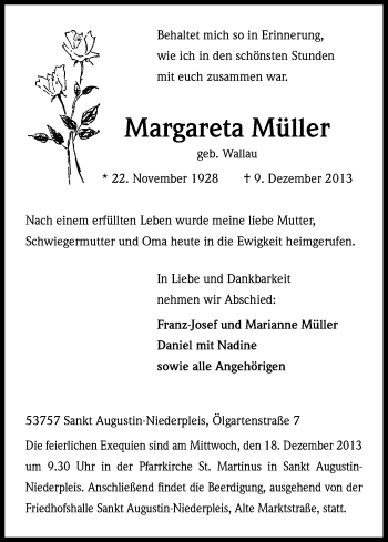 Anzeige von Margareta Müller von Kölner Stadt-Anzeiger / Kölnische Rundschau / Express