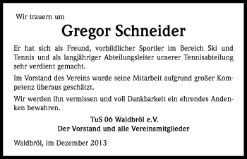 Anzeige von Gregor Schneider von Kölner Stadt-Anzeiger / Kölnische Rundschau / Express