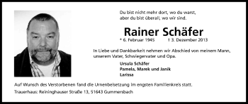 Anzeige von Rainer Schäfer von Kölner Stadt-Anzeiger / Kölnische Rundschau / Express