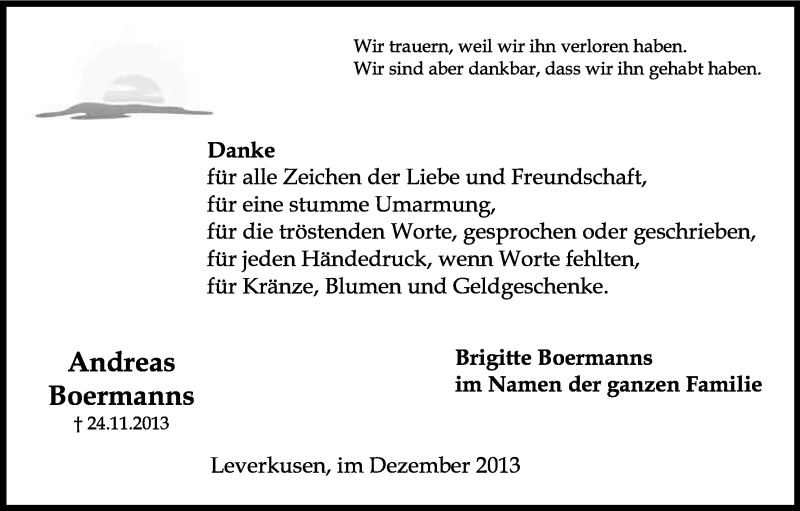  Traueranzeige für Andreas Boermanns vom 20.12.2013 aus Kölner Stadt-Anzeiger / Kölnische Rundschau / Express