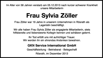 Anzeige von Sylvia Zöller von Kölner Stadt-Anzeiger / Kölnische Rundschau / Express