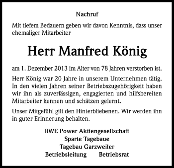 Anzeige von Manfred König von Kölner Stadt-Anzeiger / Kölnische Rundschau / Express
