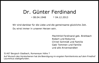 Anzeige von Günter Ferdinand von Kölner Stadt-Anzeiger / Kölnische Rundschau / Express