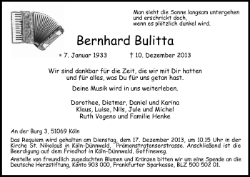 Anzeige von Bernhard Bulitta von Kölner Stadt-Anzeiger / Kölnische Rundschau / Express