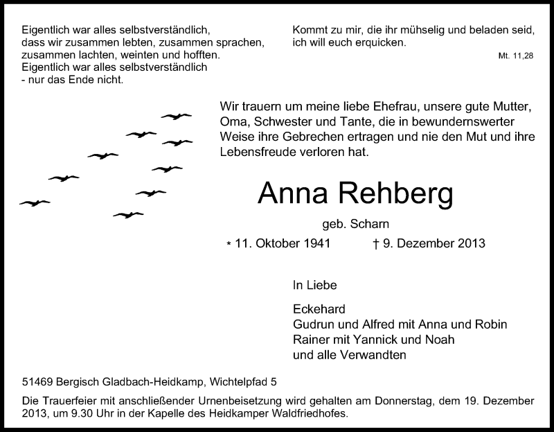  Traueranzeige für Anna Rehberg vom 14.12.2013 aus Kölner Stadt-Anzeiger / Kölnische Rundschau / Express