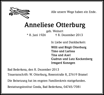 Anzeige von Anneliese Otterburg von Kölner Stadt-Anzeiger / Kölnische Rundschau / Express