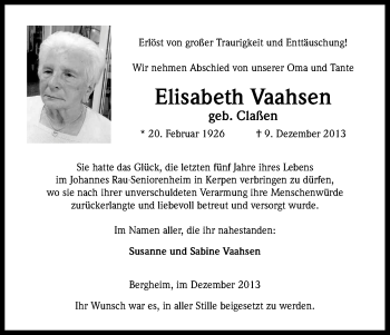 Anzeige von Elisabeth Vaahsen von Kölner Stadt-Anzeiger / Kölnische Rundschau / Express