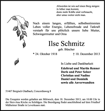 Anzeige von Ilse Schmitz von Kölner Stadt-Anzeiger / Kölnische Rundschau / Express