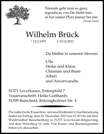 Anzeige von Wilhelm Brueck von Kölner Stadt-Anzeiger / Kölnische Rundschau / Express
