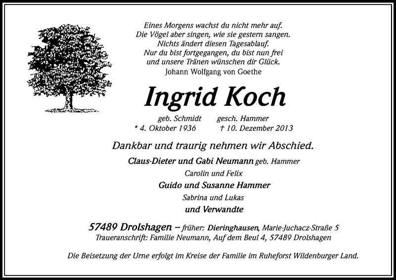  Traueranzeige für Ingrid Koch vom 14.12.2013 aus Kölner Stadt-Anzeiger / Kölnische Rundschau / Express
