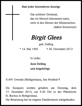 Anzeige von Birgit Glees von Kölner Stadt-Anzeiger / Kölnische Rundschau / Express
