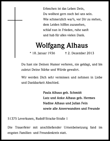 Anzeige von Wolfgang Alhaus von Kölner Stadt-Anzeiger / Kölnische Rundschau / Express