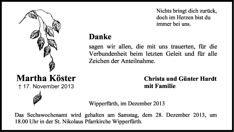  Traueranzeige für Martha Köster vom 21.12.2013 aus Kölner Stadt-Anzeiger / Kölnische Rundschau / Express