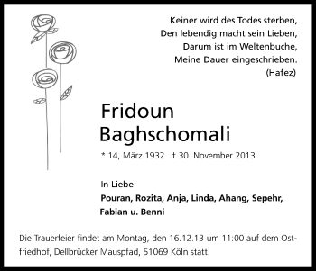 Anzeige von Fridoun Baghschomali von Kölner Stadt-Anzeiger / Kölnische Rundschau / Express