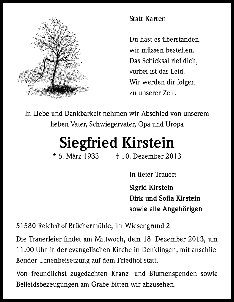  Traueranzeige für Siegfried Kirstein vom 14.12.2013 aus Kölner Stadt-Anzeiger / Kölnische Rundschau / Express