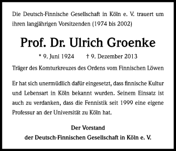 Anzeige von Ulrich Groenke von Kölner Stadt-Anzeiger / Kölnische Rundschau / Express