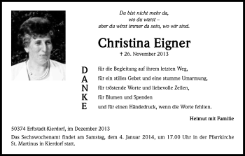 Anzeige von Christiana Eigner von Kölner Stadt-Anzeiger / Kölnische Rundschau / Express