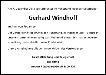 Anzeige von Gerhard Windhoff von Kölner Stadt-Anzeiger / Kölnische Rundschau / Express