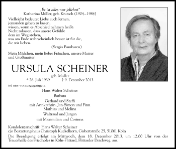 Anzeige von Ursula Scheiner von Kölner Stadt-Anzeiger / Kölnische Rundschau / Express