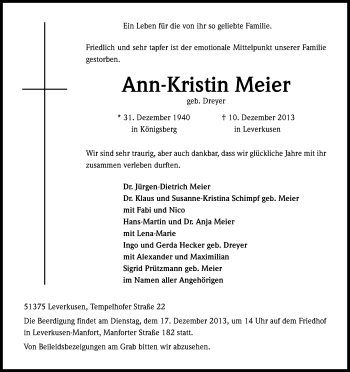 Anzeige von Ann-Kristin Meier von Kölner Stadt-Anzeiger / Kölnische Rundschau / Express
