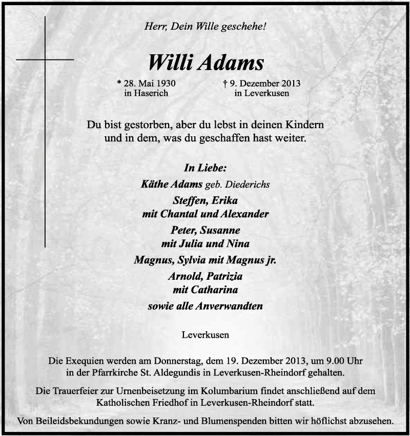  Traueranzeige für Willi Adams vom 14.12.2013 aus Kölner Stadt-Anzeiger / Kölnische Rundschau / Express
