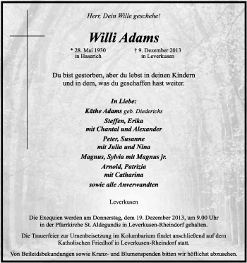 Anzeige von Willi Adams von Kölner Stadt-Anzeiger / Kölnische Rundschau / Express