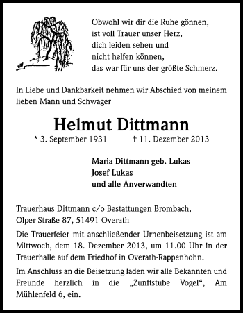 Anzeige von Helmut Dittmann von Kölner Stadt-Anzeiger / Kölnische Rundschau / Express