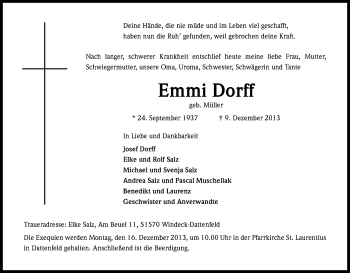 Anzeige von Emmi Dorff von Kölner Stadt-Anzeiger / Kölnische Rundschau / Express