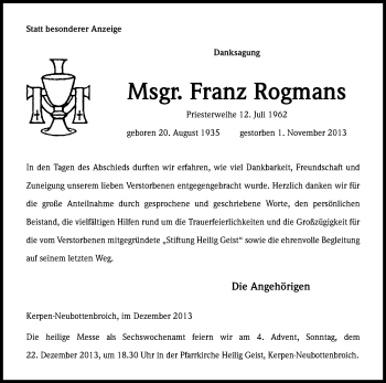 Anzeige von Franz Rogmanns von Kölner Stadt-Anzeiger / Kölnische Rundschau / Express